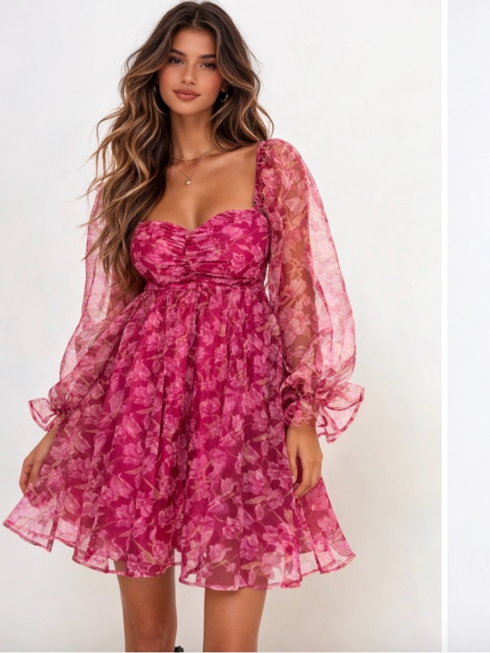 Forever 21 Fuchsia Floral Sweetheart Mini Dress with Puff Sleeves